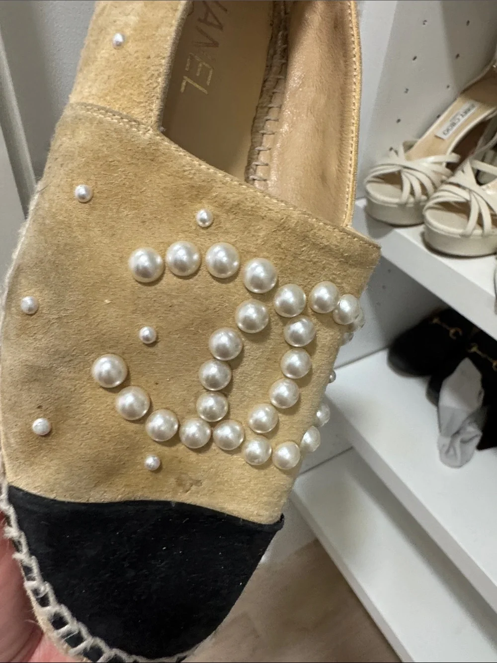 CHANEL Beige and Black Pearl-Embellished Suede Espadrilles